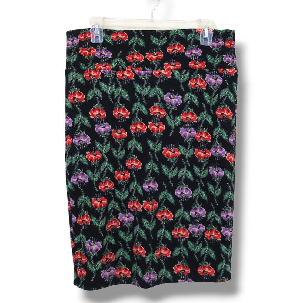 Lularoe Cassie Skirt Black Floral Red Purple Green Pencil Stretch Large
